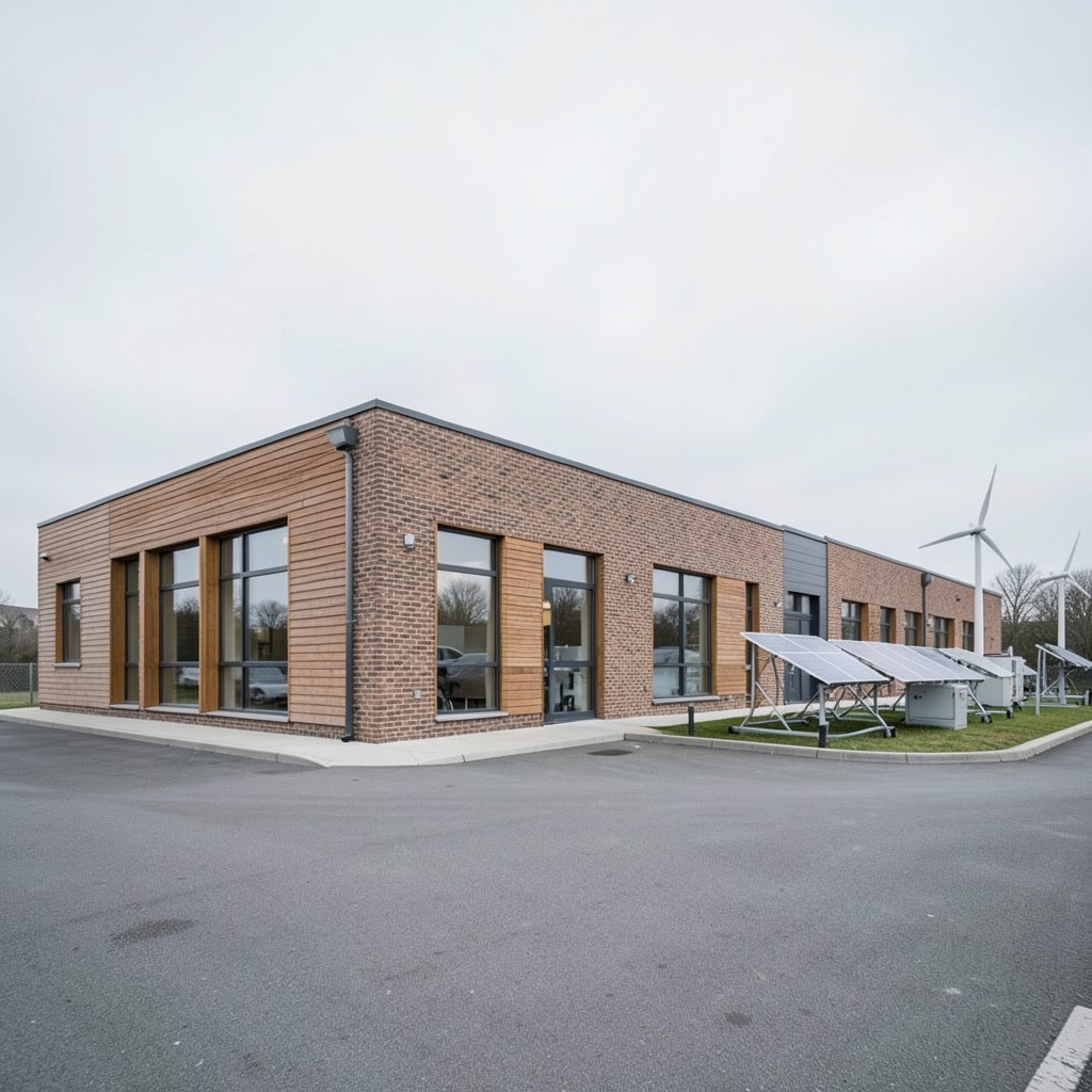 Birchfield campus exterior with training plant and soft overcast sky