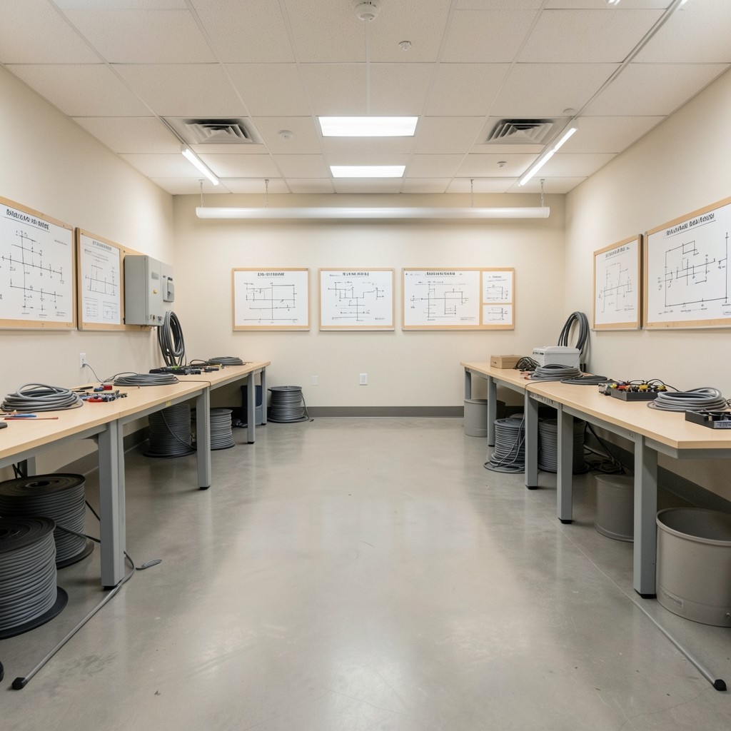 Electrics laboratory with workbenches and teaching boards