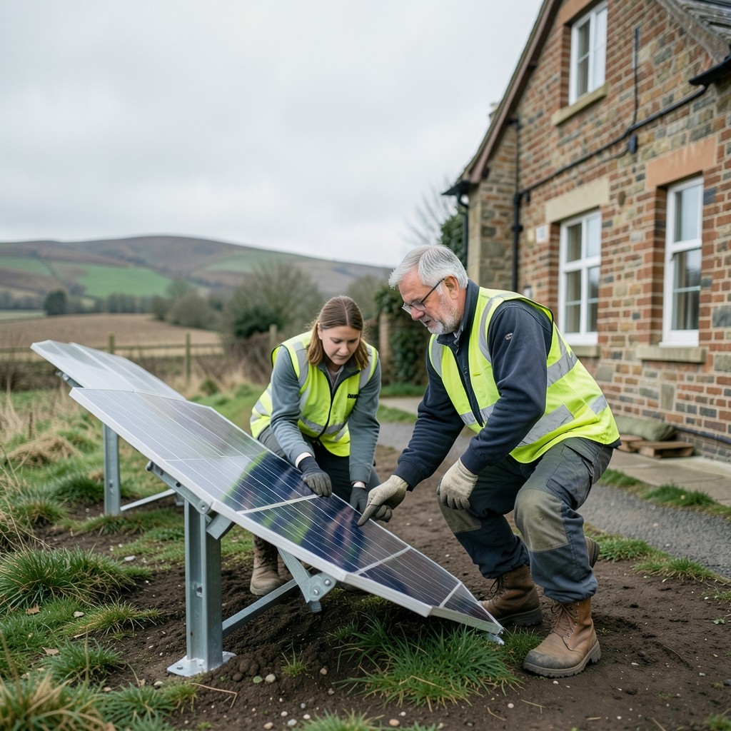 Students and tutor beside solar panels on the Birchfield outdoor training array under soft northern light